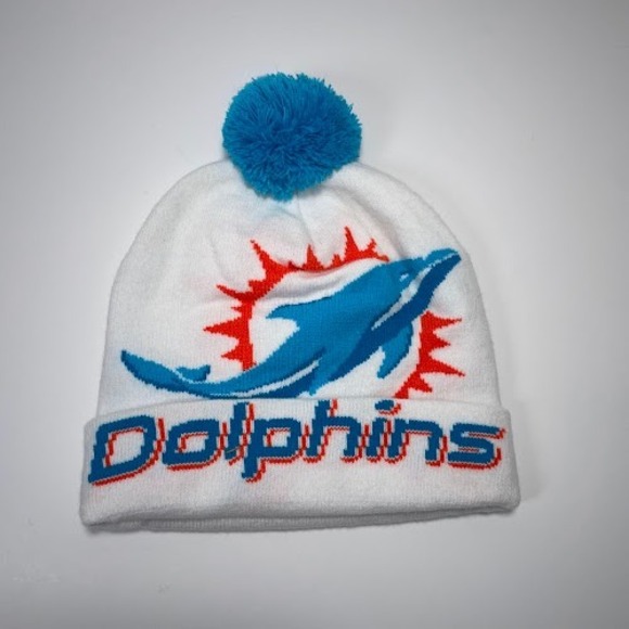 Miami Dolphins Knit Beanie Pom Football Helmet Hat White Aqua Orange Winter - Picture 2 of 10